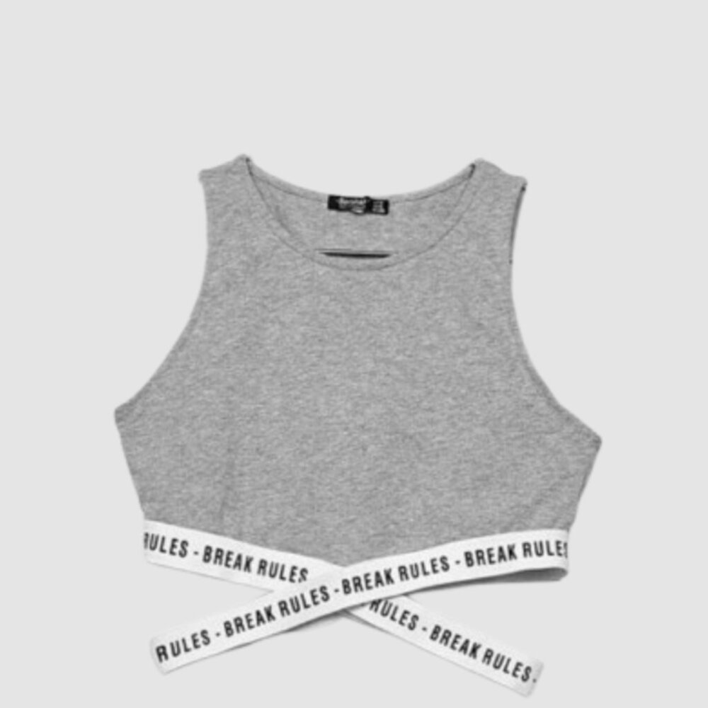Bershka Sporty Gray Crop Tank – Crisscross ‘BREAK RULES’ Elastic Hem with High N